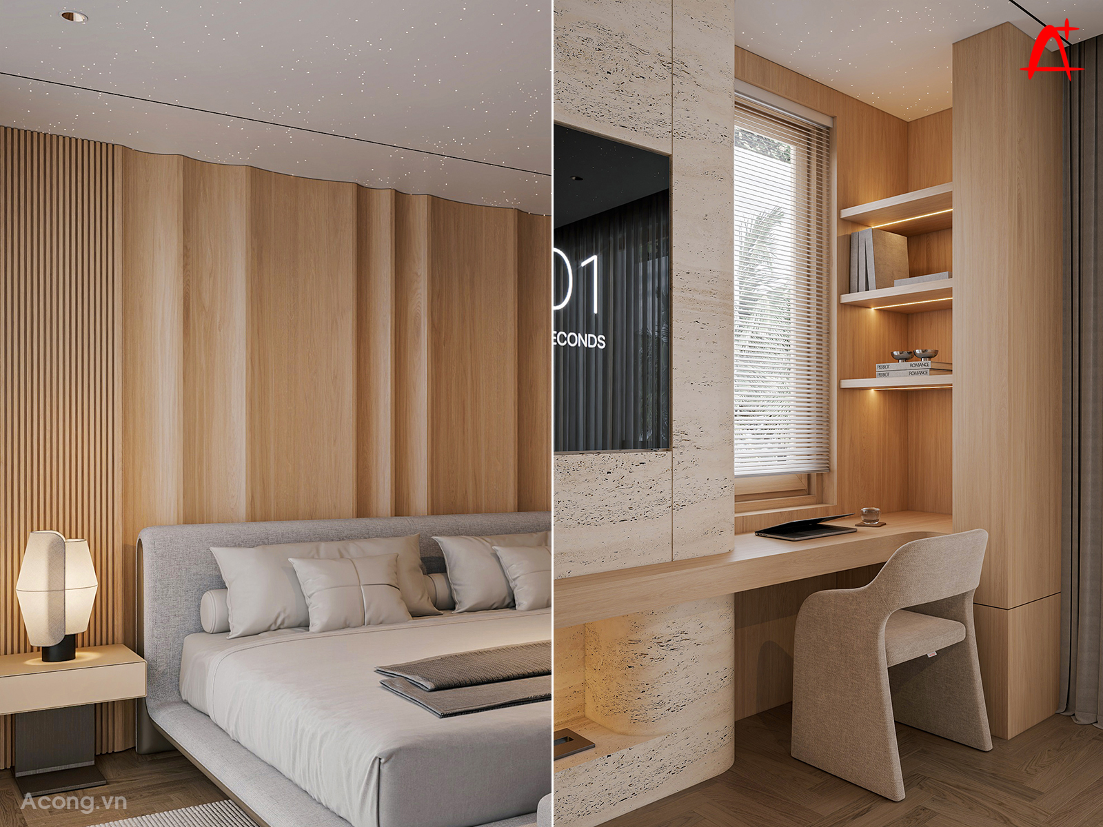 Giường ngủ master với trần hiệu ứng bầu trời sao